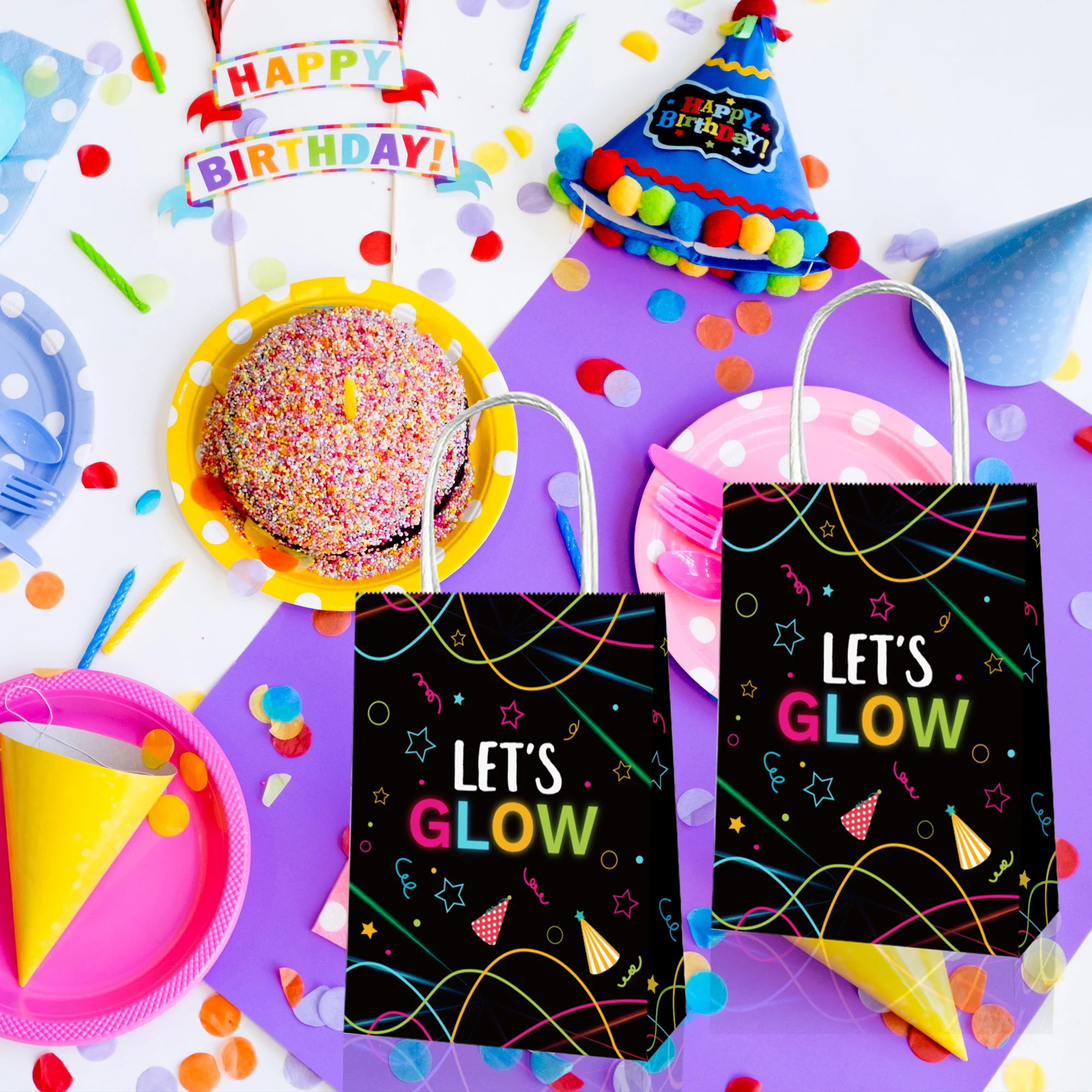Bolsas de papel de embalaje portátil para fiesta de cumpleaños, 12 piezas, Let's Glow in Dark, música Disco, para regalo, decoraciones para Baby Shower, BD069