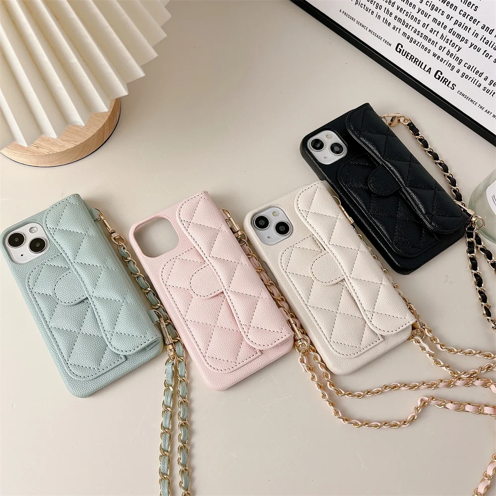 

Luxury Geometric Leather Cover For iPhone 14 13 12 Pro Max 11 Card Holder Crossbody Wallet Lanyard Necklace Chain Phone Case
