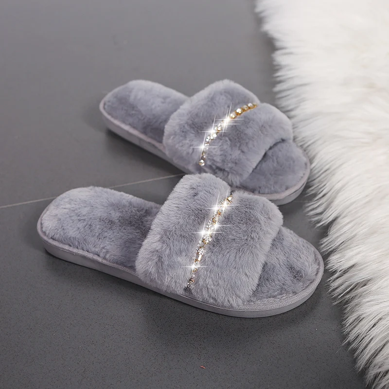 New Women Home Slippers Fashion Shiny Rhinestones Design Open Toe Indoor 2022 Winter Flat Non-slip Leisure Interior Female Shoes