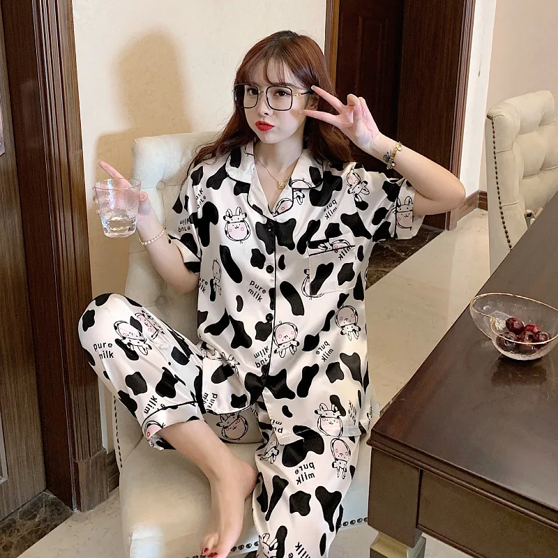 Cute Cow Pajamas Summer Women Short Sleeve Trousers Suit Sweet Women's Home Service Two-piece Suit Pajamas Set Ice Silk Pyjamas