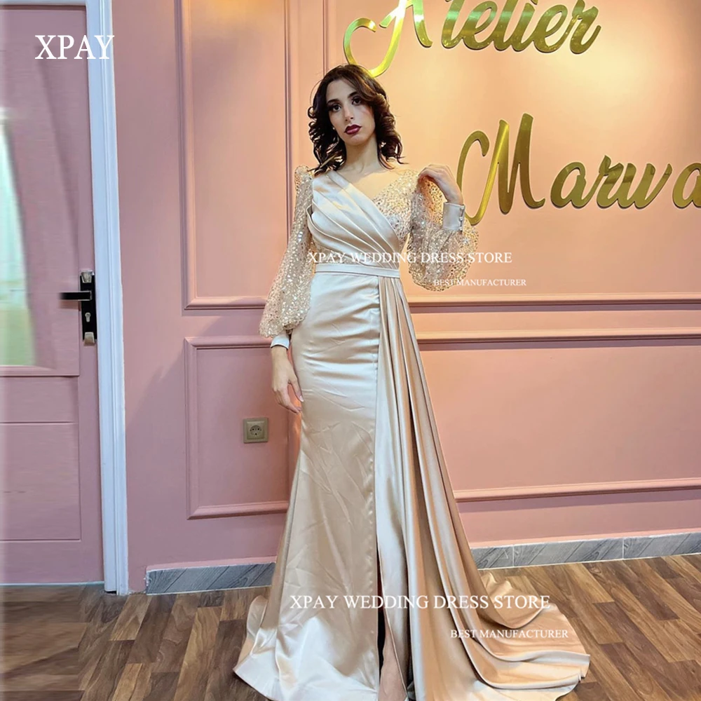 

XPAY Exquisite Dubai Arabia Party Dresses Glitter Long Sleeves V-Neck Split Pleated Lady Formal Event Night Gowns Prom Dress