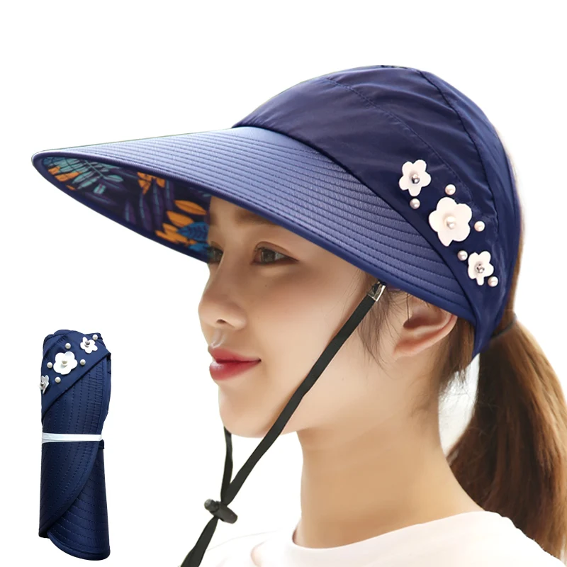 

For Women Summer Hats Foldable Sun Hat Pearl Flower Visor Suncreen Floppy Cap Female Outdoor Casual Baseball Cap
