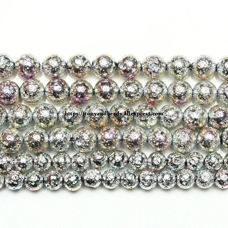 Натуральный камень AB сверкающие покрытые серебром Вулкан лава круглые бусины 15