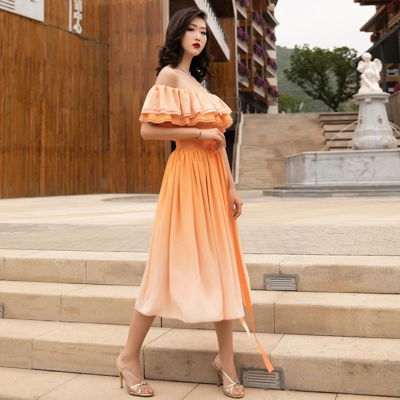 Женское винтажное платье с завышенной талией оранжевое из шифона высокой и