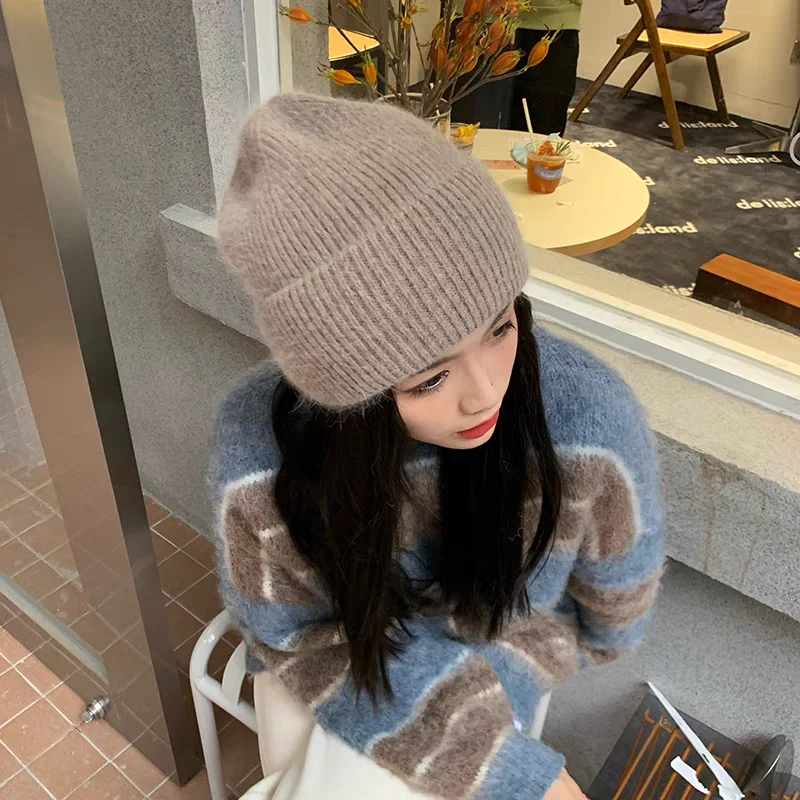 Женская Двухслойная Теплая Толстая Шапка-бини Из Кроличьего Меха Со Сложенными
