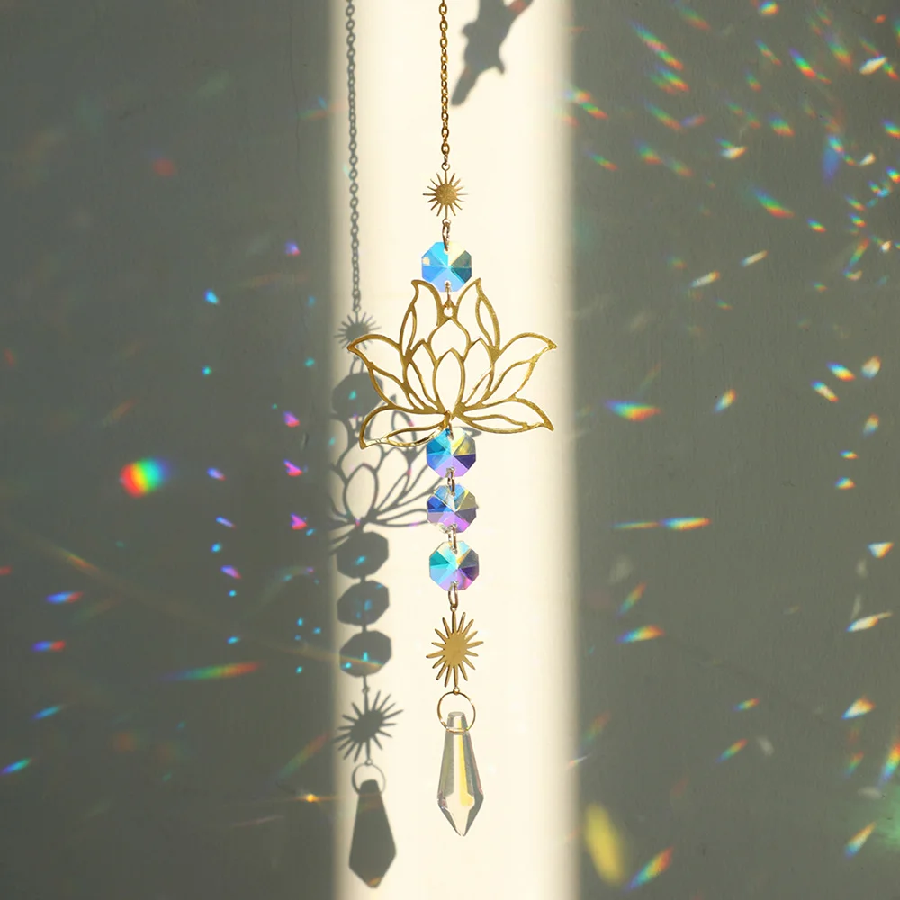 

Lotus Sun Catcher Chakra Hanging Crystals Rainbow Suncatcher Car Charm Stained Glass Prism Sun Catchers Window Garden Decoration