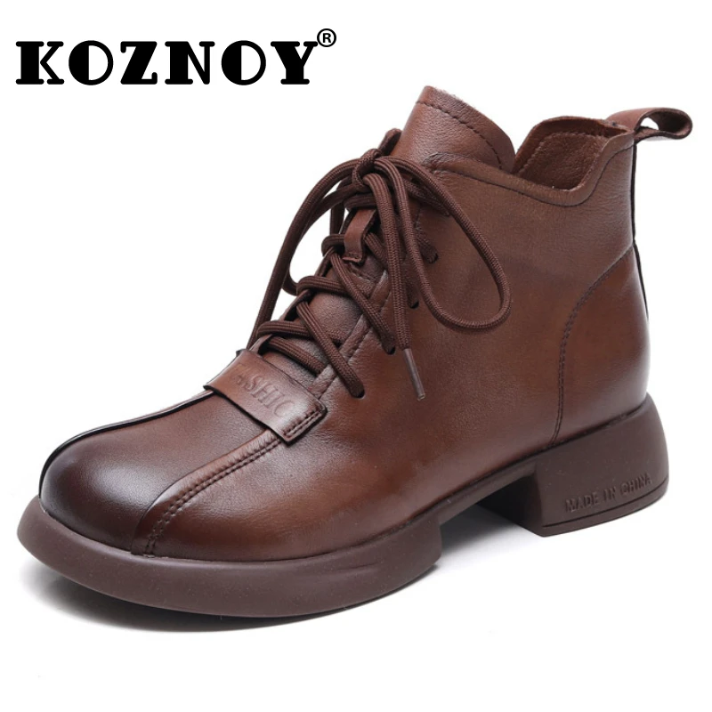 

Koznoy 3.5cm Retro Natural Autumn Spring Women Soft Flats British Comfy Rubber Cow Genuine Leather Ankle Mid Calf Booties Shoes