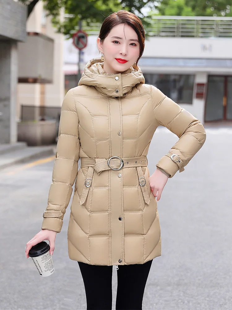 New Women Winter Thicken Down Jacket Simple Fashion Hooded Glossy Surface Belt Slim Down Coat Medium White Duck Down Outerwear