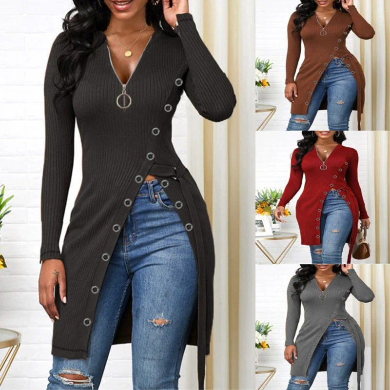 

V-Neck Long Sleeved T-Shirt Sexy High Split Spring and Autumn Formal Shirt Top Crossbody Autumn V-Neck Party Goddess Inside