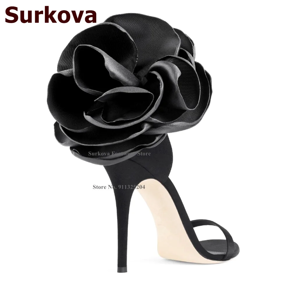 Surkova Big Flowers High Heel Sandals Champagne Black Satin Single Band Wedding Shoes Ankel Buckle Strap Floral Evening Pumps
