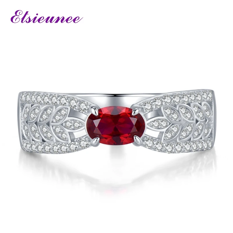 

ELSIEUNEE 100% 925 Sterling Silver Oval Cut 4x6MM Ruby Created Moissanite Gemstone Wedding Party Fine Jewelry Rings for Women