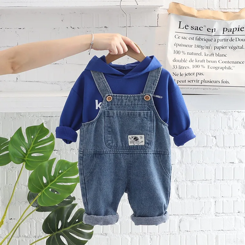 

Hooded sweater+ Denim Overalls 2Pcs Pant Outfits 1-5 Years Old New Fashion Baby Boy Spring Autumn Clothes Set Boy Clothing Suit