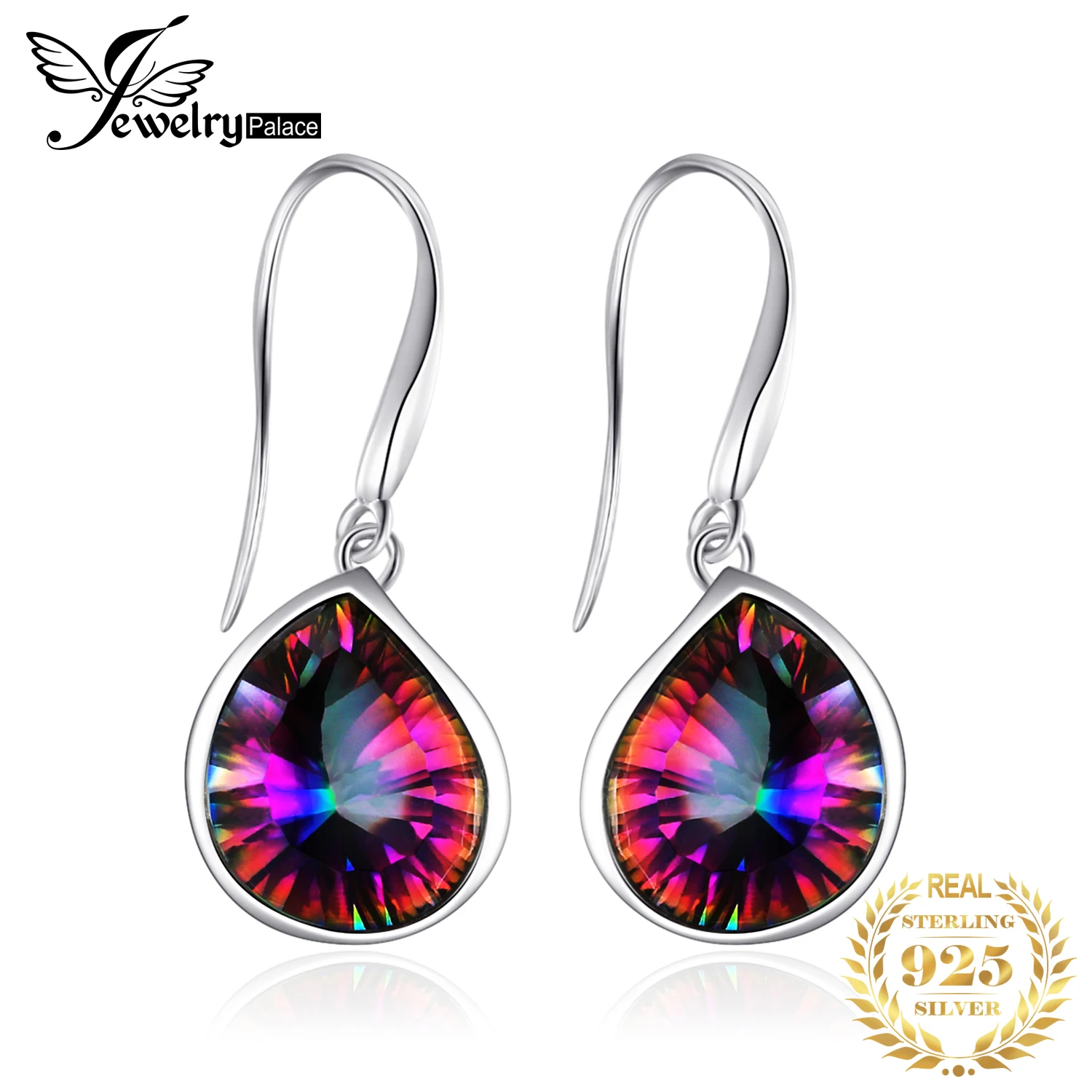 

JewelryPalace Genuine Natural Rainbow Fire Mystic Quartz 925 Solid Sterling Silver Dangle Earrings for Women Gemstone Jewelry