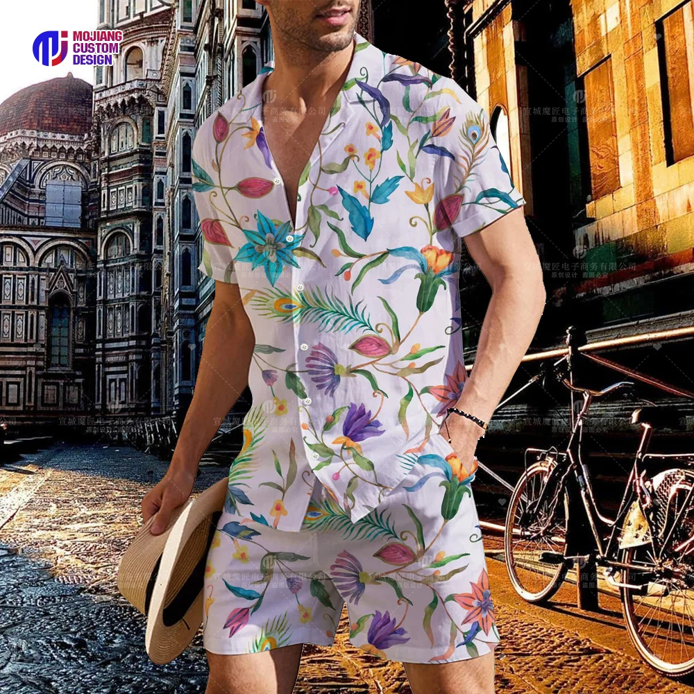2023 Men's Fashion Personality Floral Print Button Short Sleeve Shirt Classic Design Slim Top Daily Casual Shorts Set