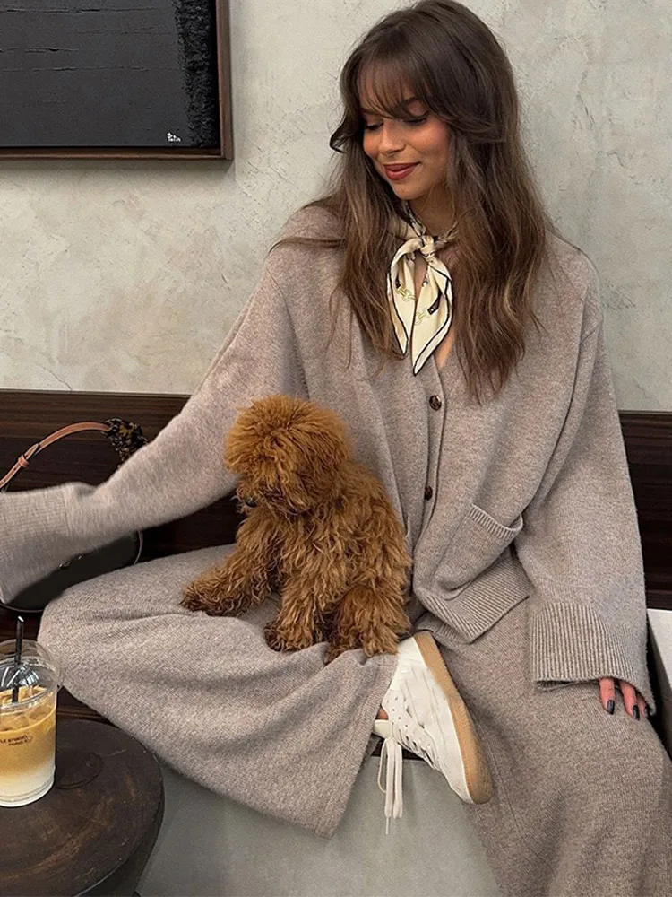 Повседневные однотонные свободные комплекты с широкими брюками для женщин