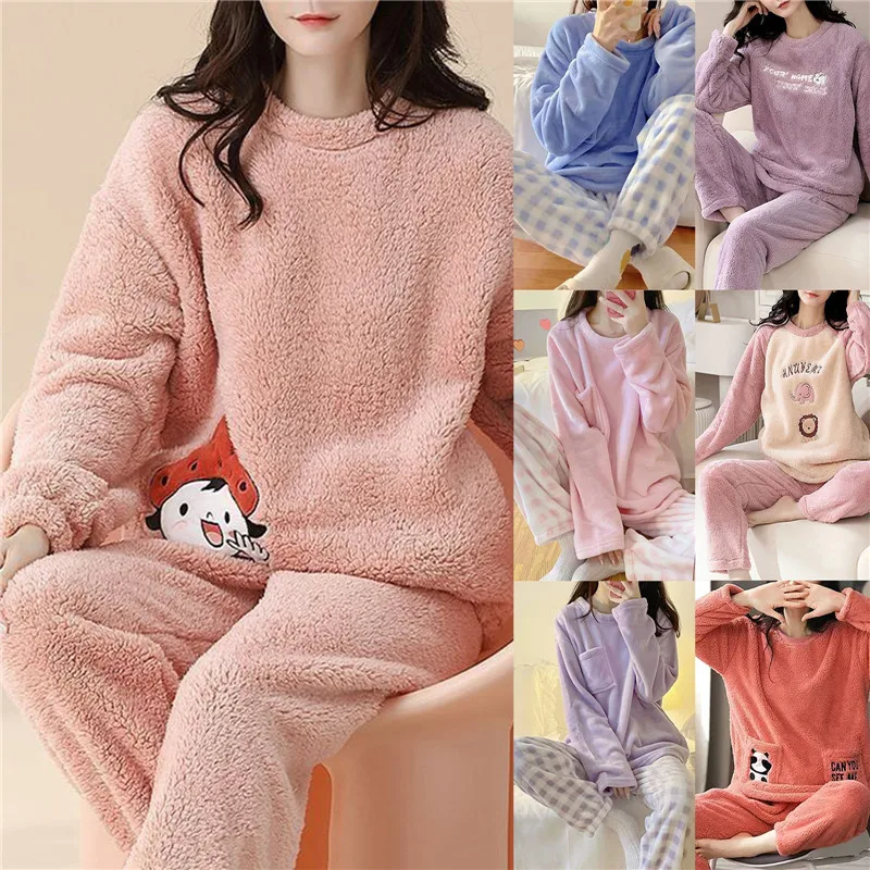 Free Shipping Winter Thickened Warm Woolen Pajamas Set Women'S Long Sleeved Cute Flannel Cartoon Home Clothes Suit