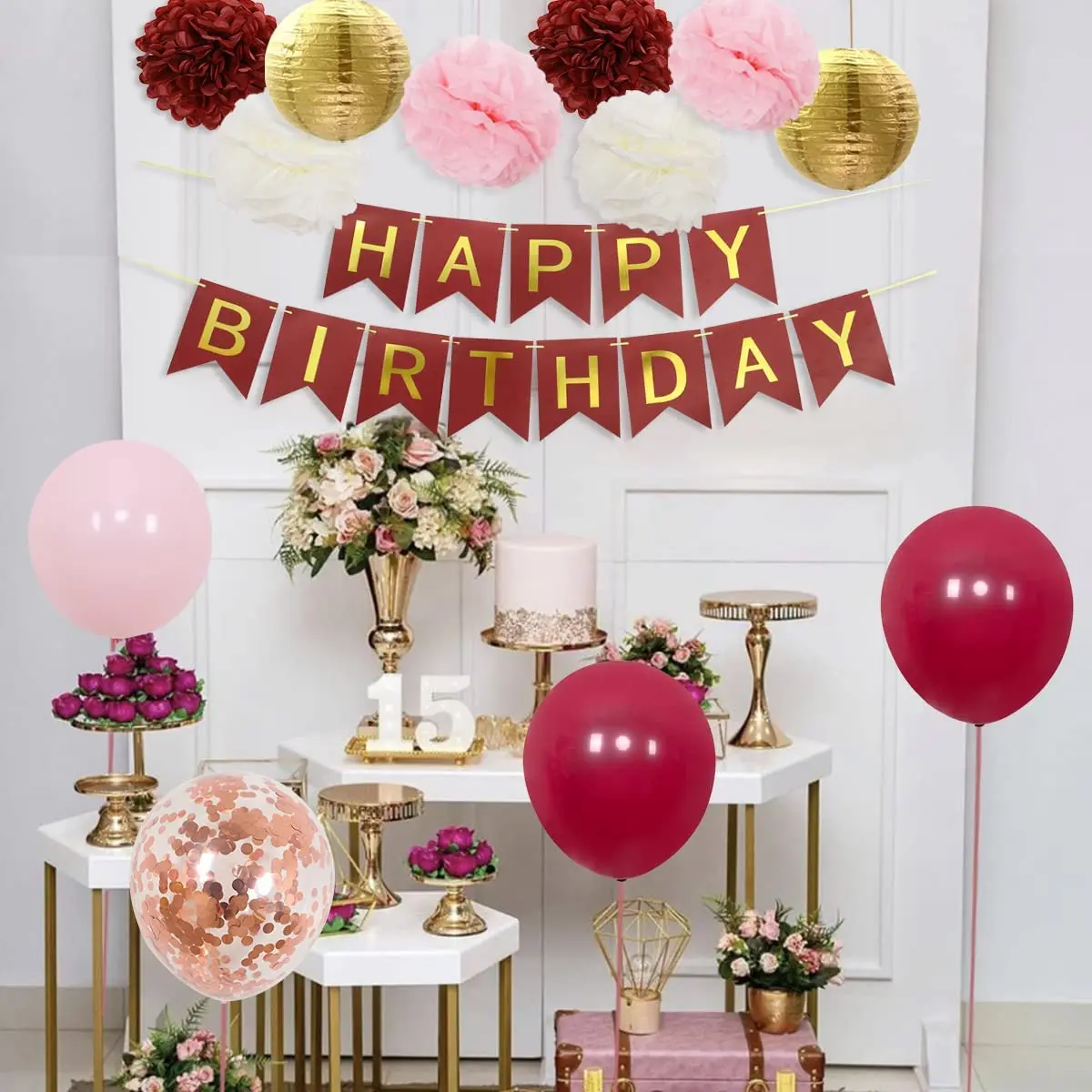 SurSURPIRSE Бургундии Розовые украшения для дня рождения набор воздушных шаров баннер