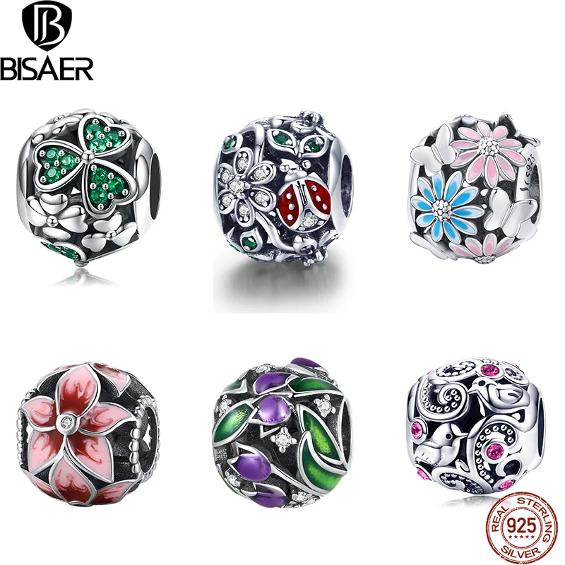 BISAER 925 Sterling Silver Colorful Flower Series Tulip Pendant  Beads Charm Fit Original Bracelet Fashion DIY Jewelry Gift