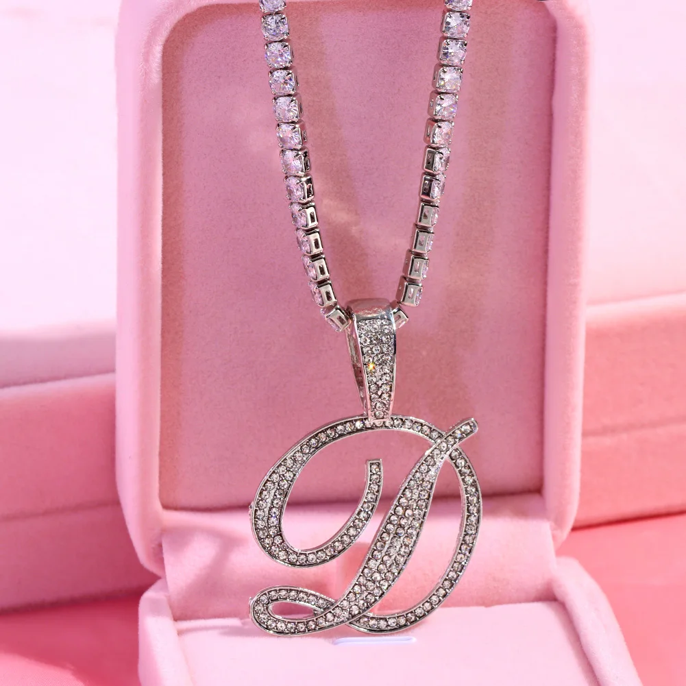 

2022 Fashion Cursive Letter Zircon Tennis Chain Necklace For Women Bling 26 Initials Pendant Choker Necklaces Hip Hop Jewelry