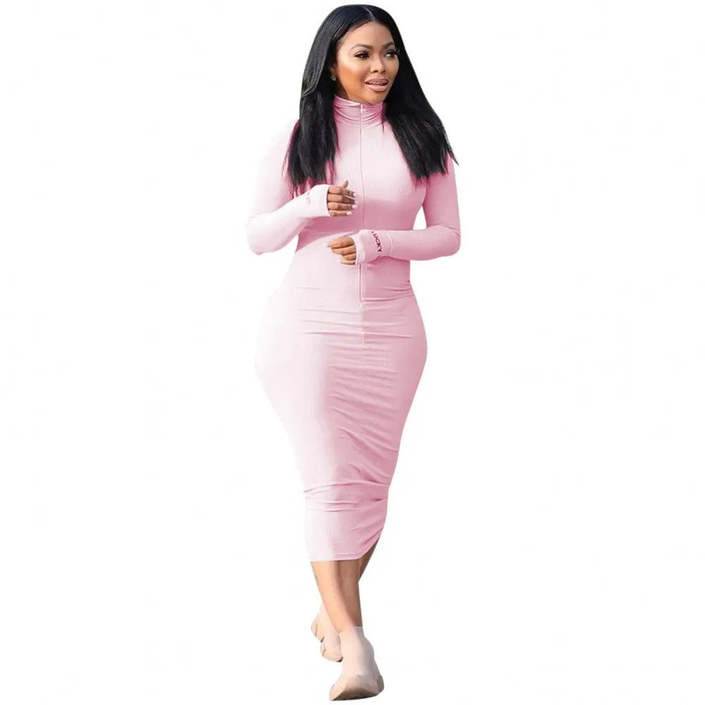 

Long Skirt Solid Color Long Sleeve Dress Slim Sexy Pack Hip Pencil Skirt Casual African Women Spring Turtleneck Elegant Workwear