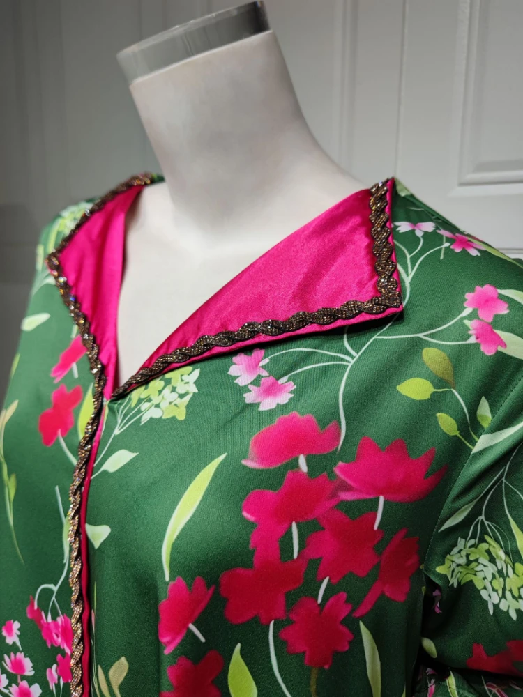 Modest Muslim Moroccan Jalabiya Dubai Caftan Dress for Women Eid-al-Adha 2023 Twist Rhinestone Rape Trim Print Arab Abaya Green
