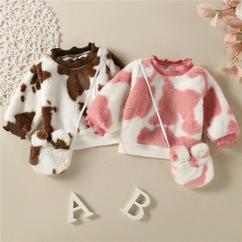 

Blotona Cute Girls 2Pcs Fall Winter Outfits, Fuzzy Long Sleeve Round Neck Pullover Sweaters+ Crossbody Bag Set, 6Months-4Years