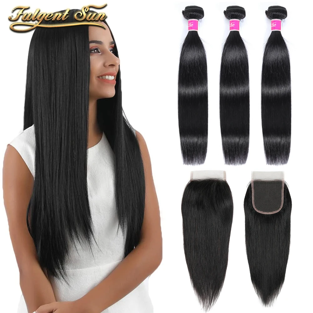 Straight Hair With Closure 4x4 Lace Closure Indian Remy Human Hair Bundles With Closure Pre Plucked Natural Hairline For Women