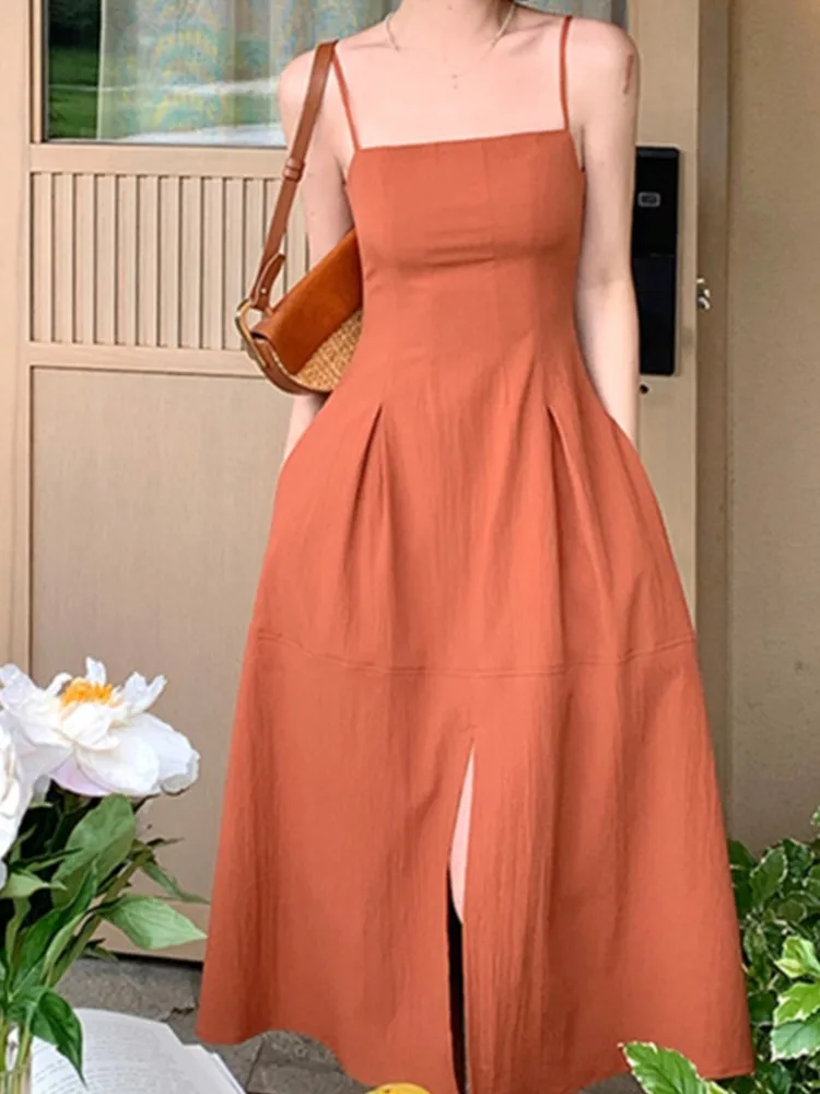 

Summer New Elegant Spaghetti Strap Midi Women Dress Sexy Casual Party Holiday Vestidos Femme Fashion Clothings Robe