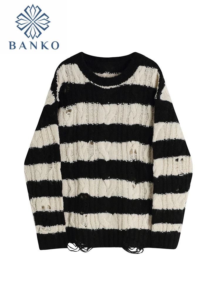 Autumn Black Stripe Sweaters Destroyed Ripped Sweater Women Pullover Knit Jumpers Oversized Sweatshirt Harajuku Long Sleeve Tops