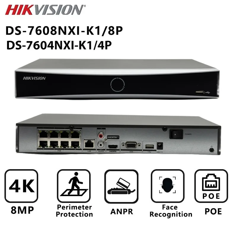 

Hikvision DS-7608NXI-K1/8P DS-7604NXI-K1/4P 4/8CH PoE AcuSense 4K NVR Поддержка ANPR Распознавание лиц Защита периметра CCTV