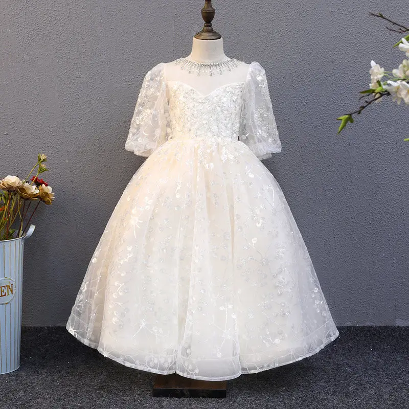 

White O-Neck Evening Dress Short Sleeves Sequins Ball Gown Luxurious Floor-Length Zipper Back Party Formal Dresses Woman B1696