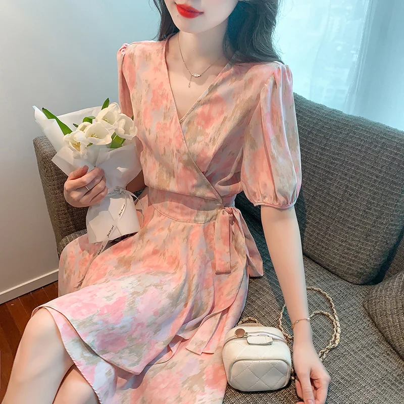 

Лето 2023, корейское шикарное мини-платье, популярное женское платье Flhjlwoc с V-образным вырезом и цветочным принтом, приталенное элегантное винтажное Цветочное платье