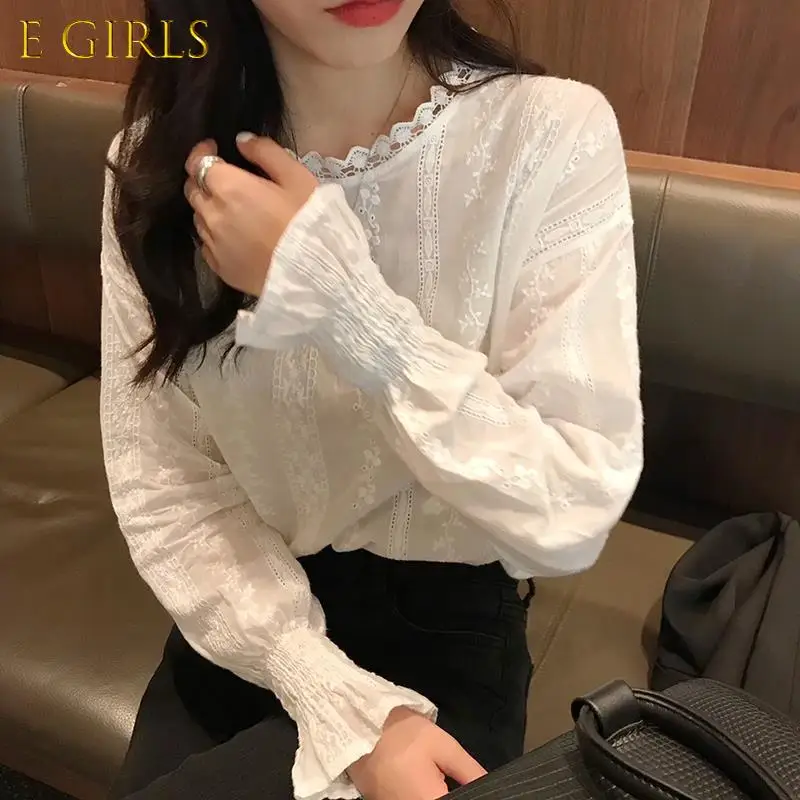 E GIRLS Blouses Women Lace Design Flare Sleeve Simple Spring Casual All-match Sweet Office Ladies White Stylish Korean Femme