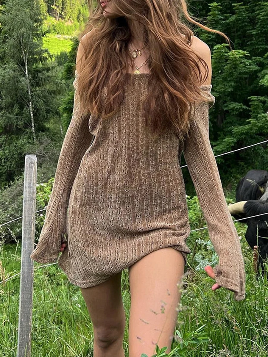 

Women Y2K Off Shoulder Vintage Mini Dress Bodycon Backless Sexy Slim Long Sleeve Knit Dress Aesthetic Fairycore Grunge Outfits