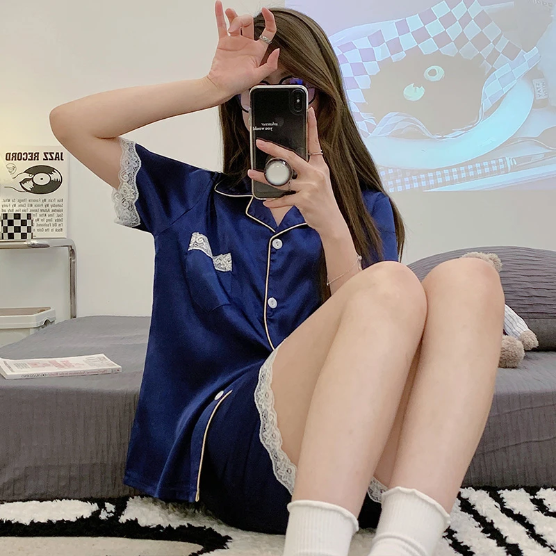 CAIYIER M-5XL 2023 Summer Pajamas Silk Nightwear Short Sleeve Top With Shorts Sleepwear Colorful Lace Underwear Female Homewear