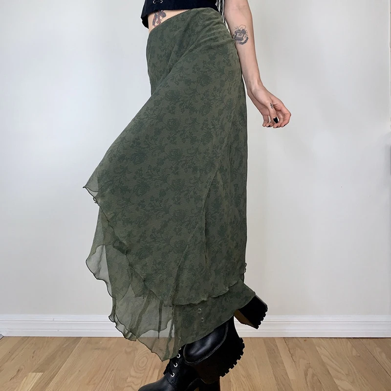 

New Fashion Female Midi Skirt Adults Floral Print High Waist Ruffled Skirt Summer Dress For Women, Army Green Street Style S M L
