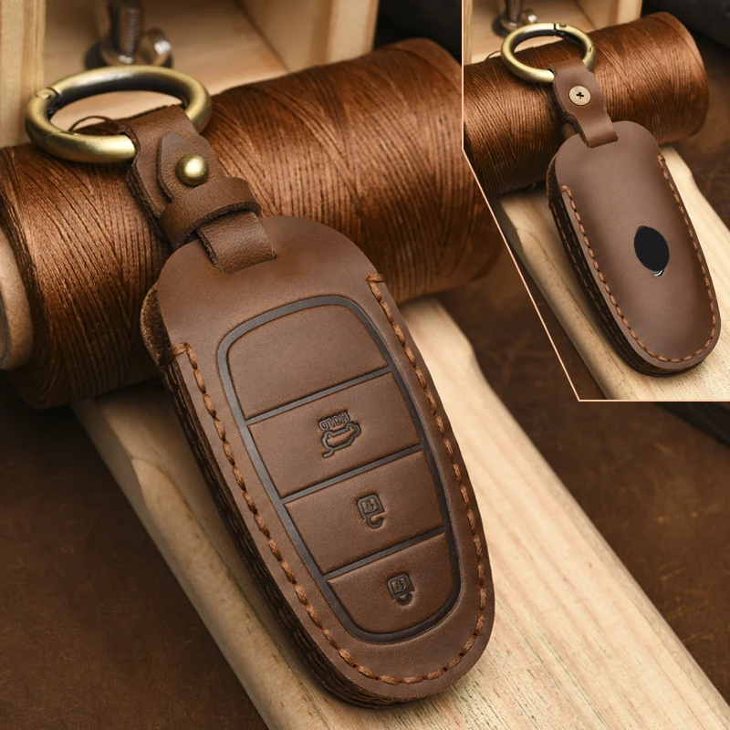 Кожаный чехол для автомобильного ключа ручной работы с 3 кнопками Hyundai Tucson 2021 2022