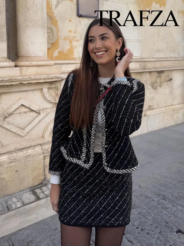 TRAFZA женский костюм с юбкой шикарный однобортный вязаный кардиган в полоску