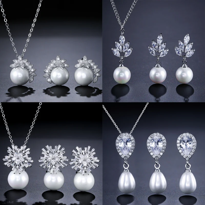 

JUNZI Fashion Simulated Pearl Stud Earrings Necklace Set Charm Zircon Jewelry for Women Silver Color Bridal Wedding Accessories
