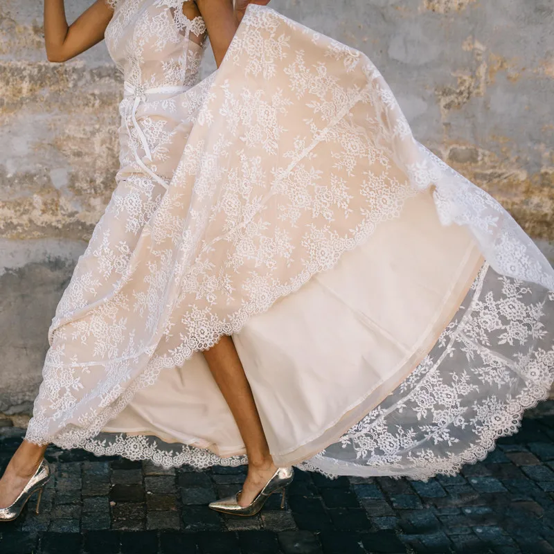2023 Bohemian Lace Wedding Dresses For Women Champagne Lining A Line Vintage Bridal Gowns Backless Sweep Train Vestidos De Novia