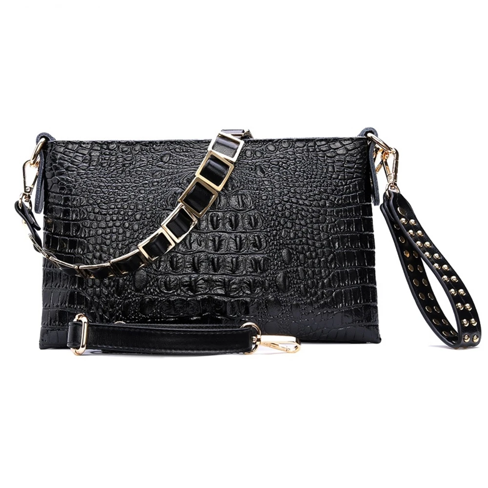 

women's leather bag, rivet handbag, crocodile shoulder, luxury bag, evening envelope