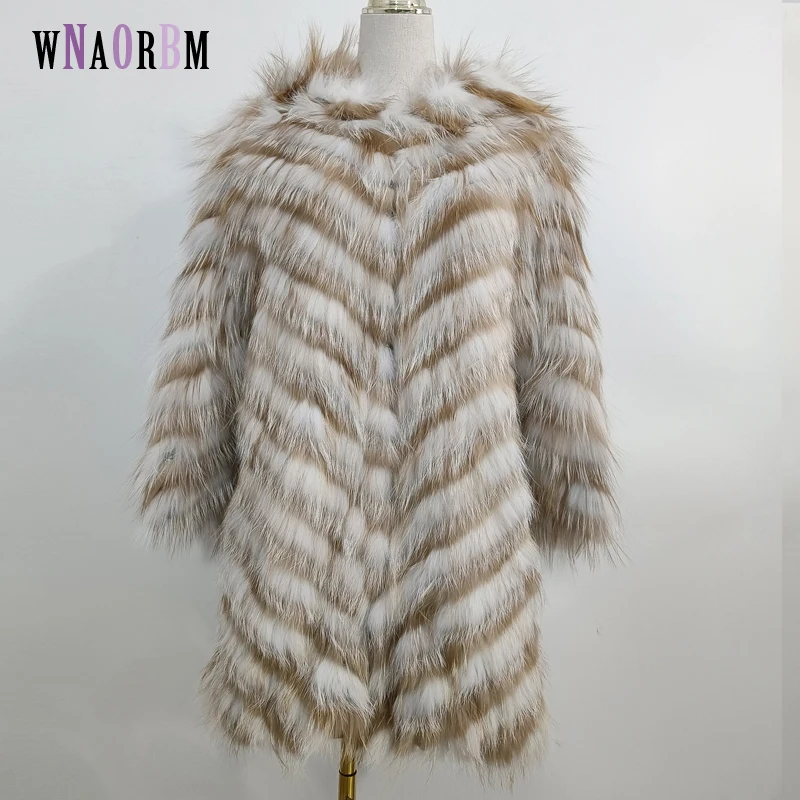 100% Real Silver Fox Fur Classic Coat Knitted Lining  Coat Fashion Fur Jacket Stripe Style Clothing Autumn Winter Women's Top