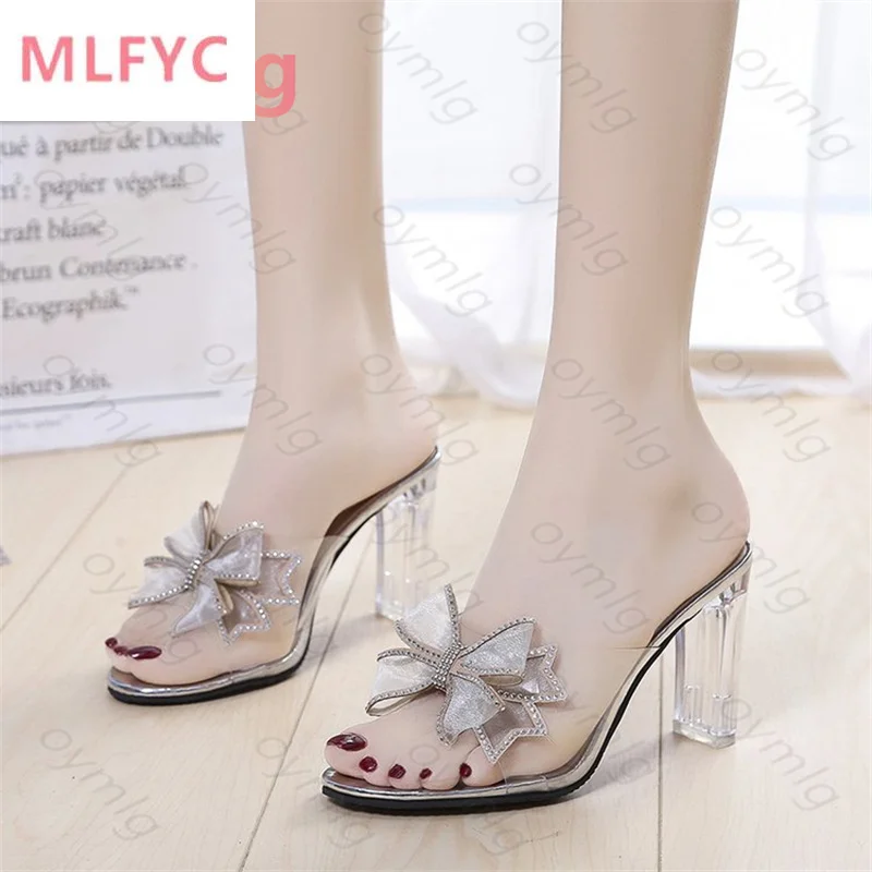

Slippers women's super high heel thick heel rhinestone bow transparent sandals 2021 new women shoes cross-border shoes women
