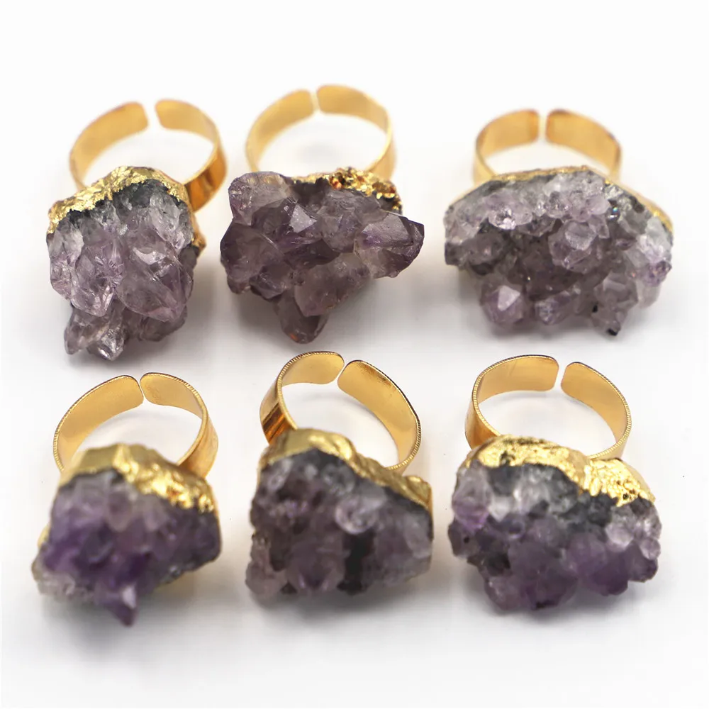 Gold Rim Vintage Retro Amethysts Stone Slice Bead Resizable Rings Charms Adjust Open Hammered Cuff for Woman ManExpress Copper