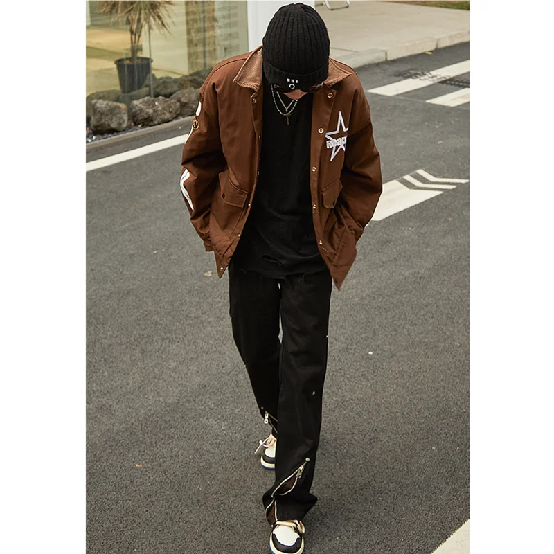 Streetwear Men Side Buttoned Zippered Tooling Black Jeans New Style Trend Loose Temperament Versatile Casual Pants Autumn Female