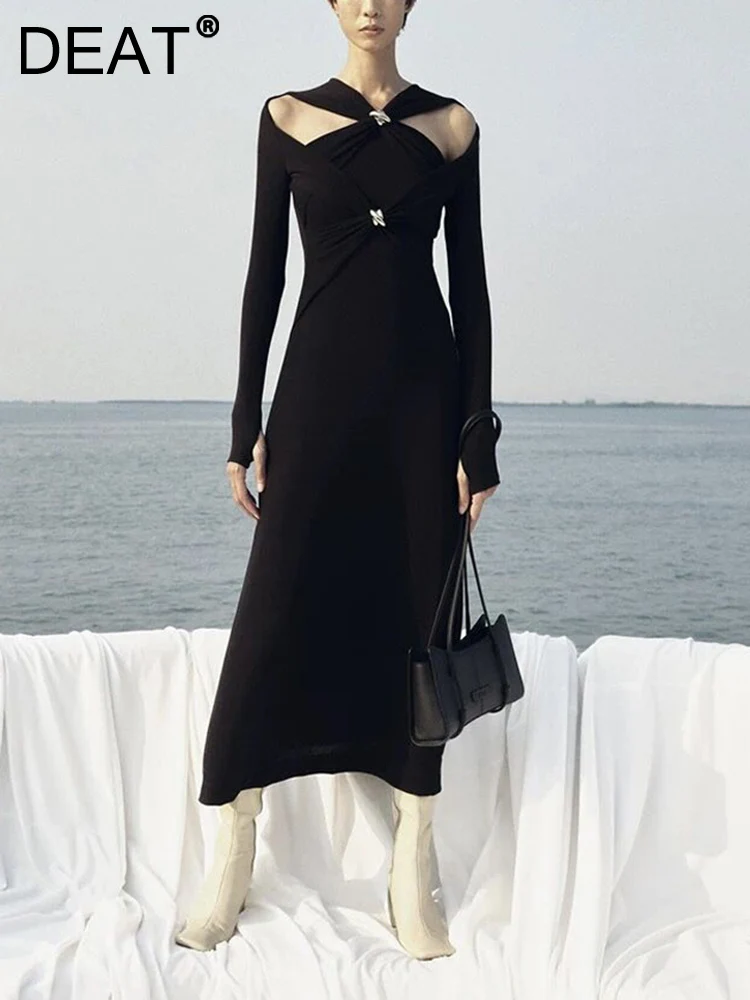 

DEAT Women's Fashion Knitted Dress Cross Hollow Out Bright Line Waist Medium Strech Elegant Dresses Autumn 2023 New 13DKB376