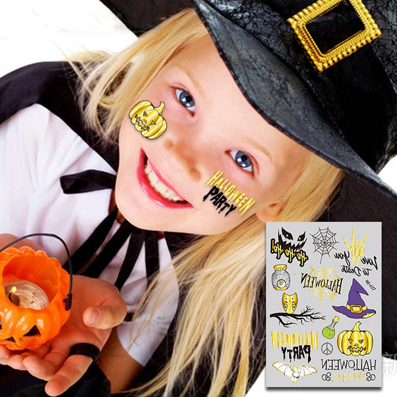 

1 Sheet Temporary Tattoos Witch Spider Bat Cobwebs Halloween Bronzing Tattoo Stickers Waterproof Disposable Tattoo Stickers