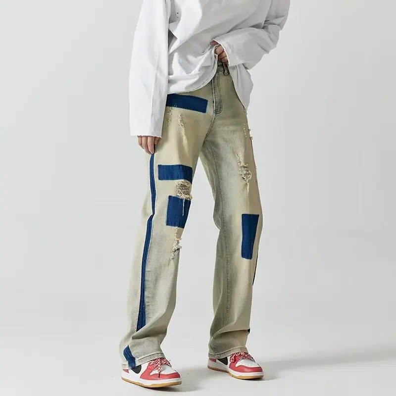 DEEPTOWN Ripped Print Jeans Loose Straight Trousers Male Blue Distressed Washed Denim Pants Fashion Streetwear Casual Spring