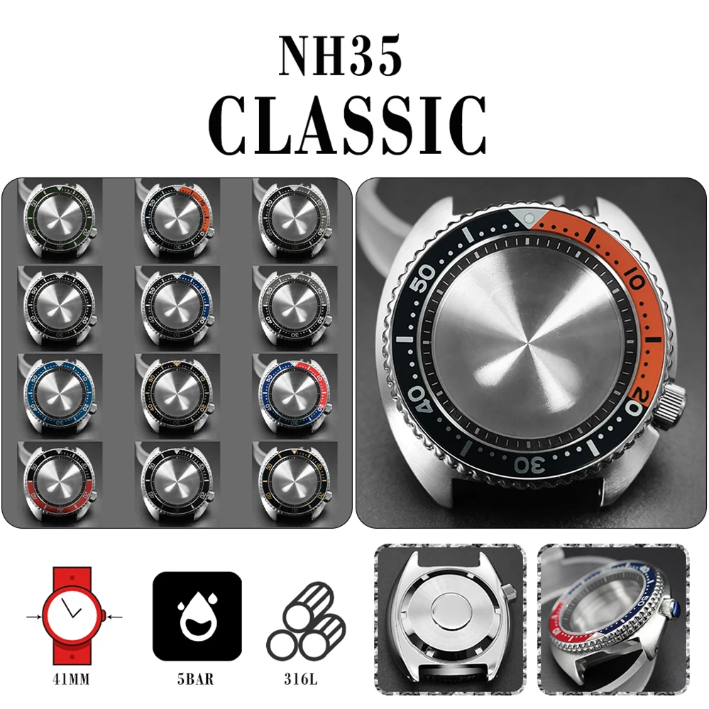 41mm 316 steel Turtle case with black inner shadow and sapphire glass for NH35A/NH36 movement