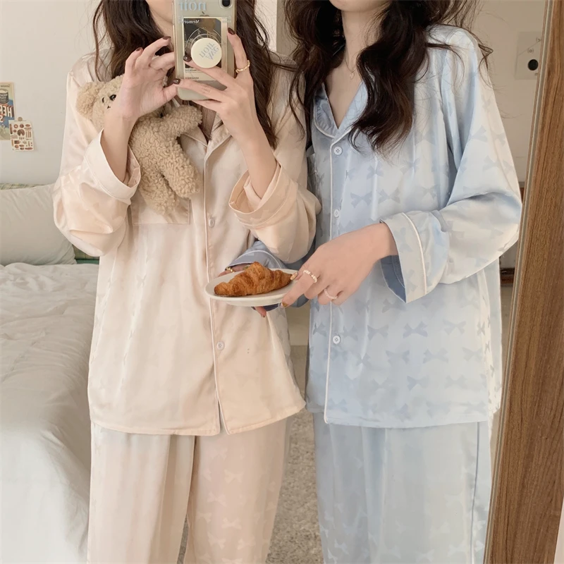 

Silk Bow Autumn Sleepwear Single Breasted Blouse + Trousers Suit Solid Elegant Casual Two Piece Pajamas Set Sweet Home Suit